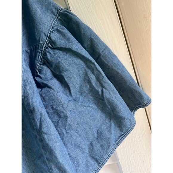 Levi's chambray‎ ruffle sleeved peasant tie neck blouse L Blue retro boho whimsy - Picture 5 of 6